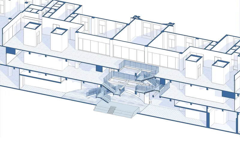 Cutaway axonometric drawing revealing multi-story interior with central staircase and skylights above