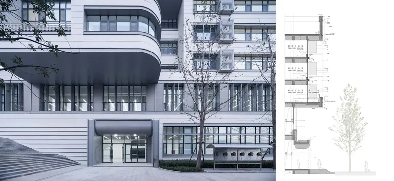 Street facade showing curved white panel cladding and recessed glazing with elevation drawing adjacent