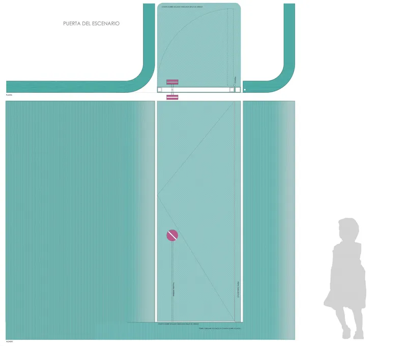 Plan drawing of a hinged stage door in turquoise with diagonal fold lines and seated figure for scale