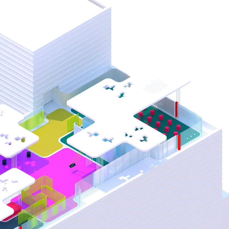 Axonometric drawing of the rooftop showing play zones in magenta, yellow, and teal with surrounding buildings