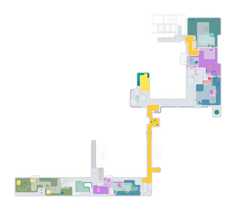 Floor plan drawing showing an L-shaped layout with color-coded rooms and a yellow circulation corridor