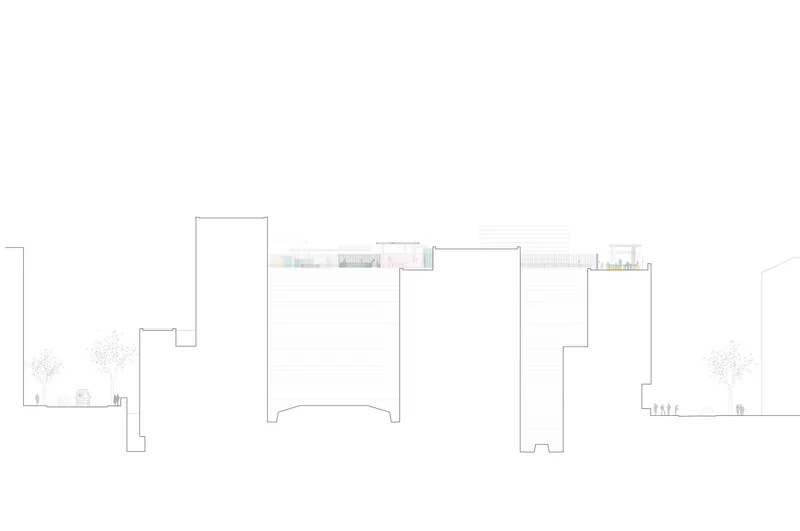 Section drawing depicting volumetric masses with flat roofs and trees flanking both sides