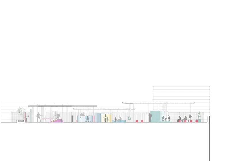 Section drawing showing glazed interior spaces with human figures and colored wall panels