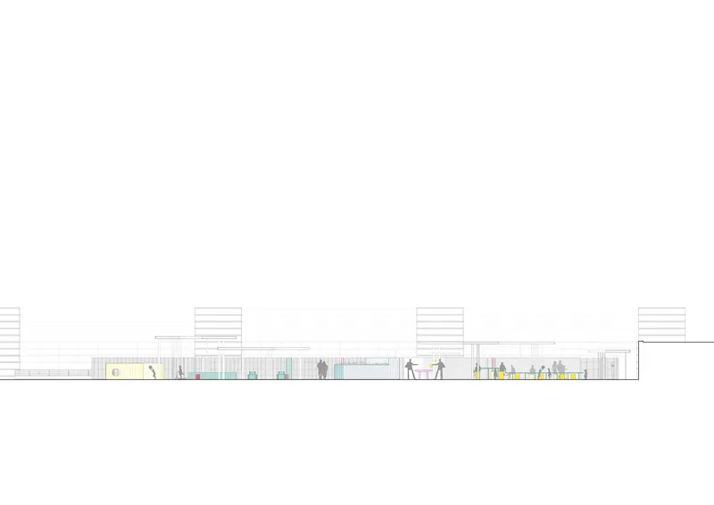 Elevation drawing featuring low horizontal volumes with slatted tower elements and scattered figures