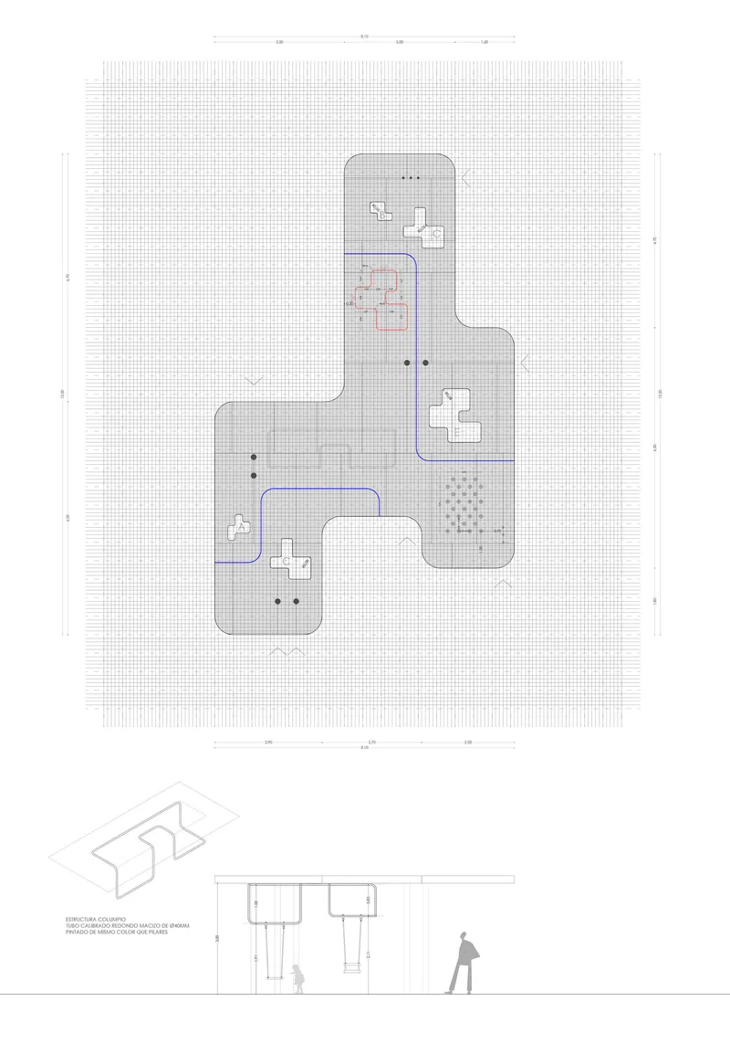 Site plan drawing with cruciform building footprint and diagrams showing structural details with human scale figure
