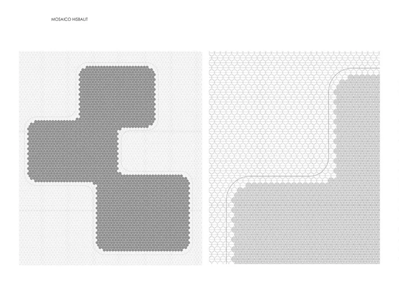 Mosaic tile pattern drawings showing hexagonal grids in cruciform layout and detail with curved edges