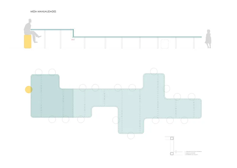 Section and plan drawings showing a linear seating element and cruciform floor layout with human figures for scale