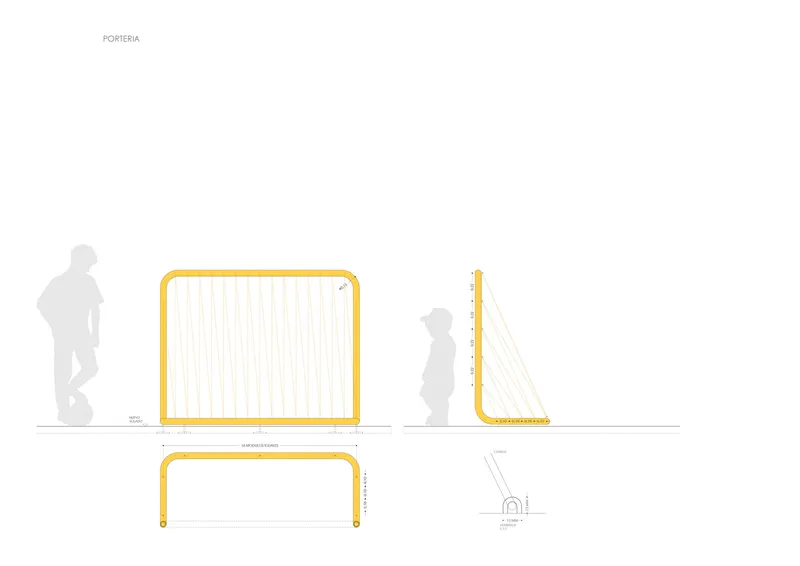Elevation and section drawings of a yellow-framed gate structure with vertical infill and silhouetted figures