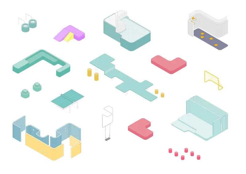 Isometric drawing showing modular play equipment elements in turquoise, pink, and yellow scattered across a white field