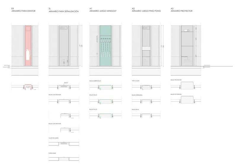 Elevation and detail drawings of five cabinet types showing interior compartments and construction sections