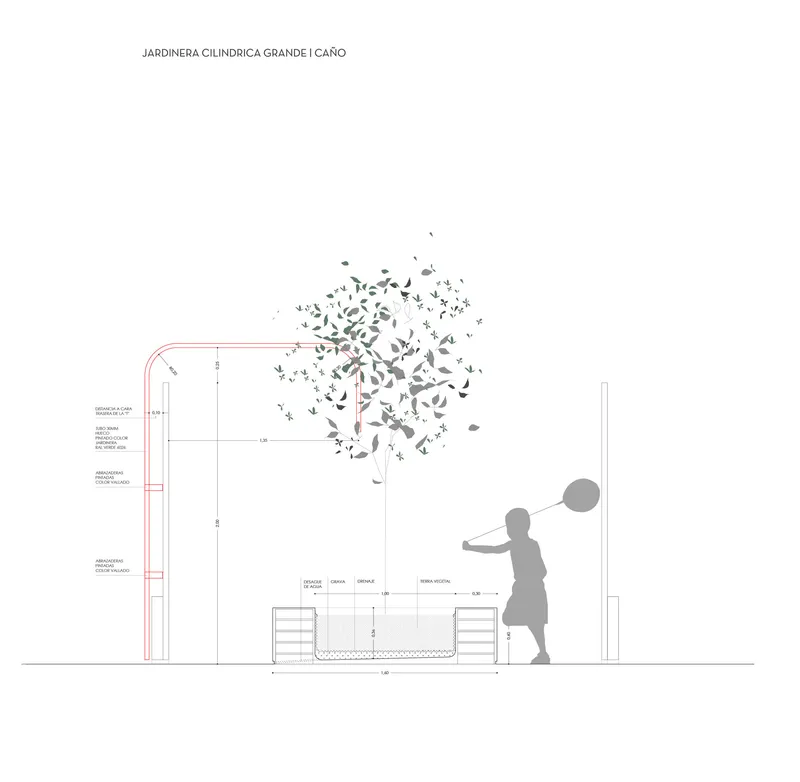 Section drawing of a cylindrical planter with tree canopy, child figure with ball, and bench seating below