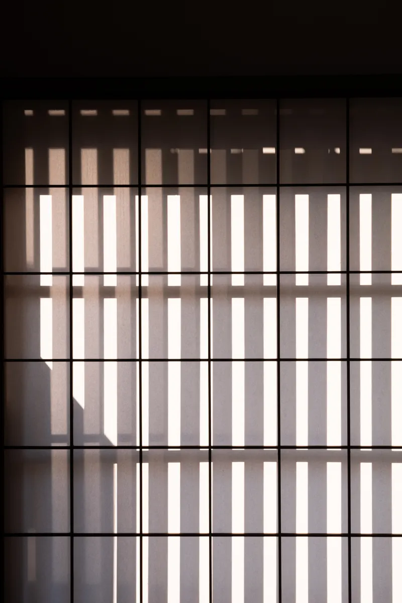 Close-up of a vertical timber slat screen with narrow horizontal framing members in filtered light