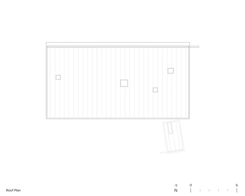 Roof plan drawing showing a sloped surface with four roof penetrations and an angled outbuilding