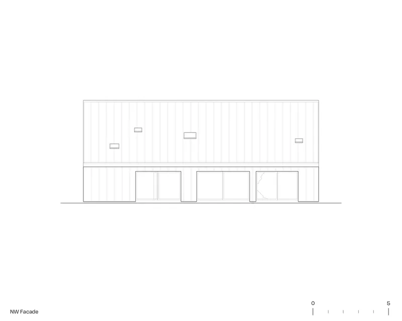 Elevation drawing of the northwest facade with a horizontal upper volume and three large openings below