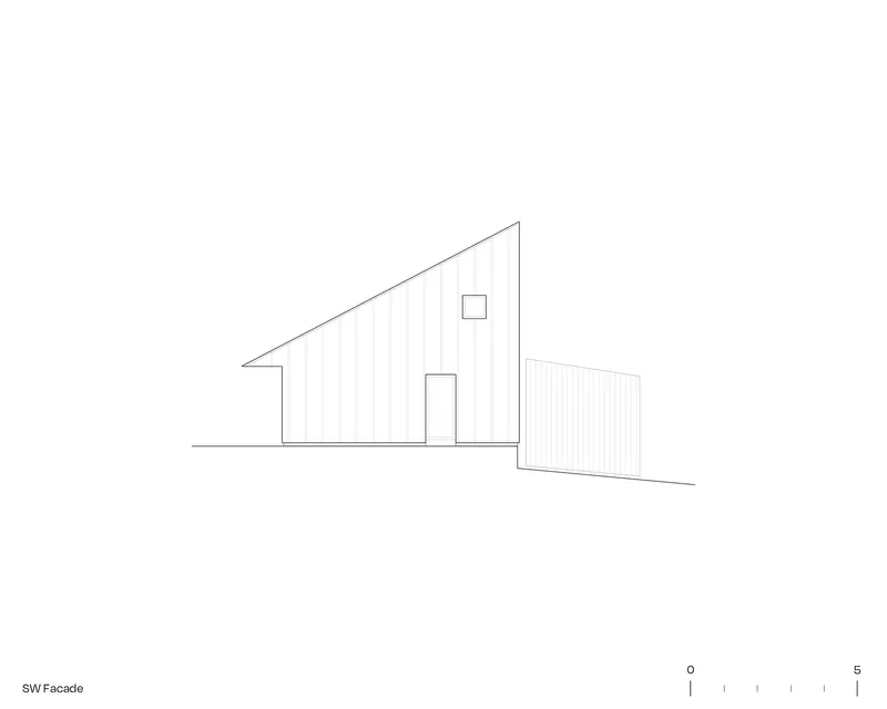 Elevation drawing of the southwest facade featuring a pitched roof and attached lower volume