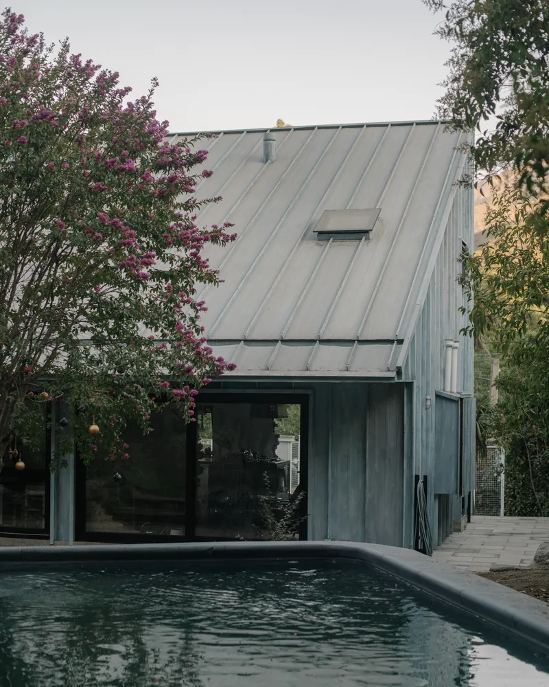 Sloped metal roof with skylight beside pool and flowering tree at dusk