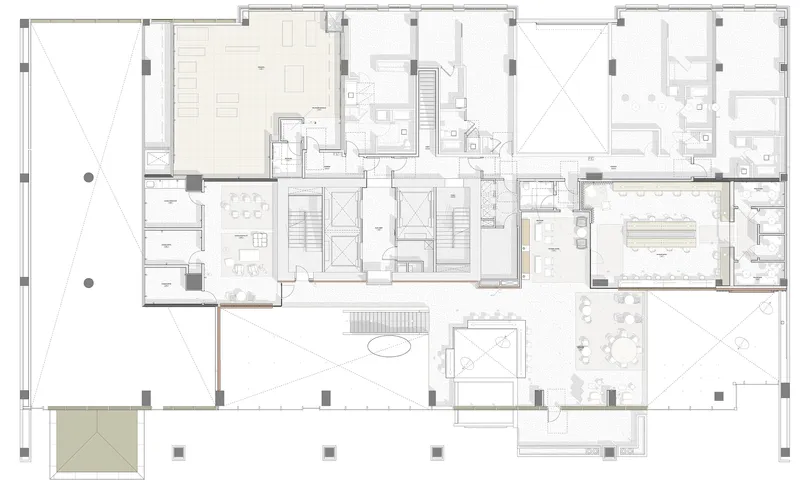 Floor plan drawing depicting multiple residential units with balconies and central circulation shafts