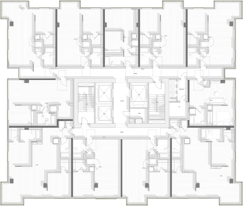 Floor plan drawing illustrating residential units with individual layouts surrounding paired stair and elevator shafts