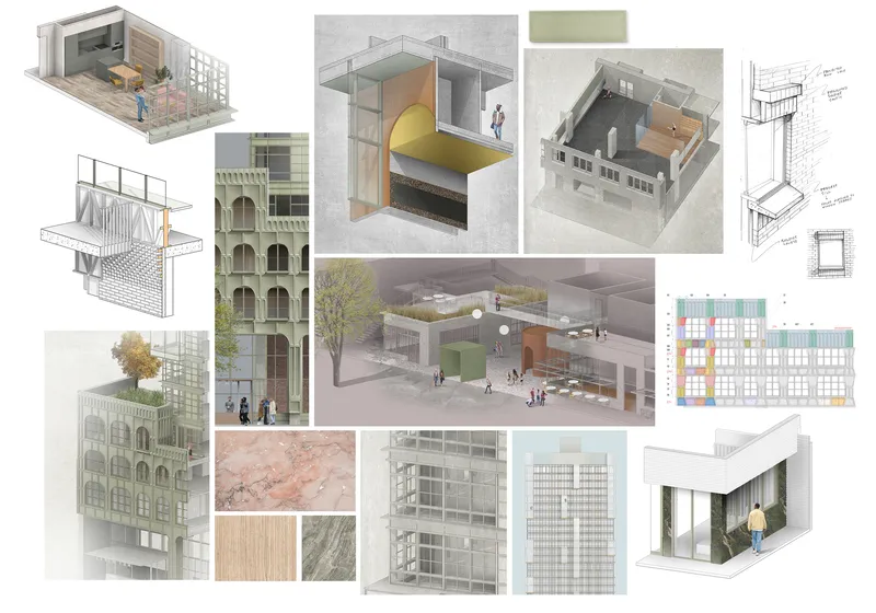 Composite presentation board showing axonometric drawings, renderings, elevations and material samples for a residential tower