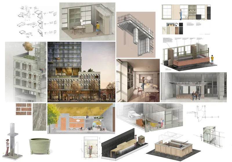 Architectural presentation board showing axonometric drawings, renderings and material samples of a mixed-use building proposal