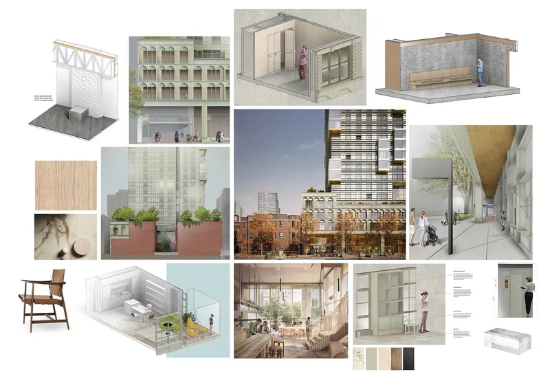 Project board displaying section cuts, street views and interior renderings with material swatches and furniture details