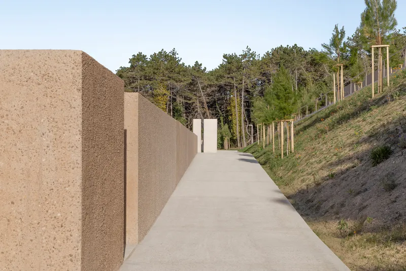 Cork-clad walls flanking a poured concrete path that curves through a sloped pine forest
