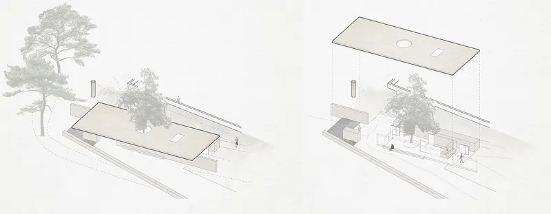Axonometric drawing revealing the interior spatial arrangement beneath floating roof planes with figures and trees