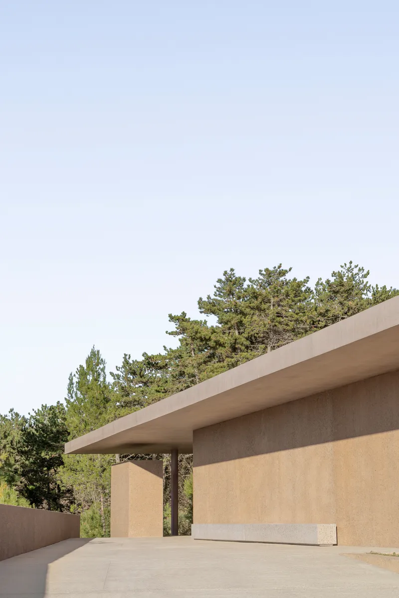 Covered terrace with sloped concrete roof and textured sand-colored walls framed by pine trees