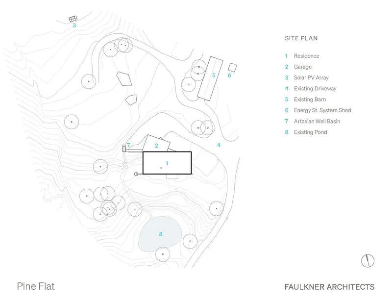 Site plan drawing showing residence placement on contoured terrain with existing structures and landscape features