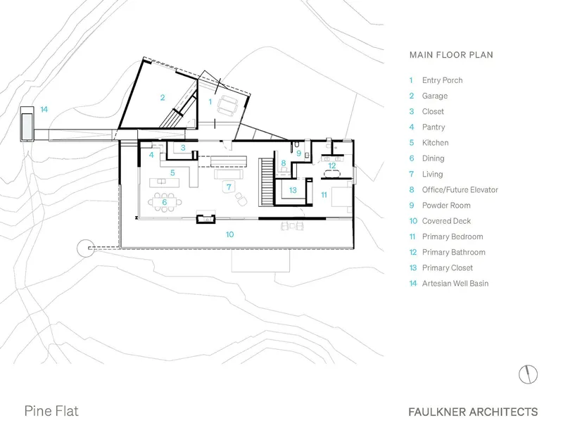 Floor plan drawing showing the main level with an angled garage volume and central living spaces