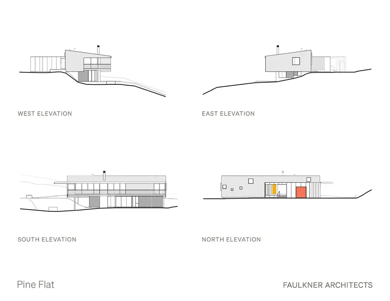 Elevation drawings from four cardinal directions showing the residence on sloping ground