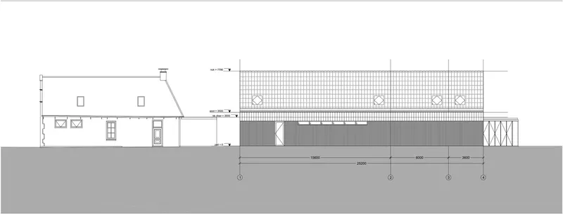 Side elevation drawing depicting an existing cottage beside a new gridded pavilion extension