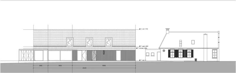 Elevation drawing showing a linear building with perforated brick screen and glazed openings