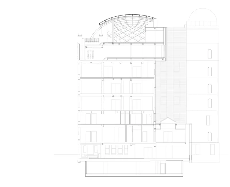 Section drawing showing multi-story building with arched glazed roof and adjacent cylindrical tower