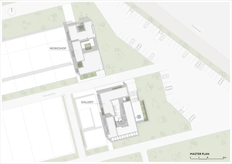 Site plan drawing showing workshop and gallery buildings with landscaped courtyards and adjacent streets
