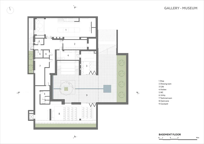 Basement floor plan drawing showing gallery spaces with cafe and courtyard areas