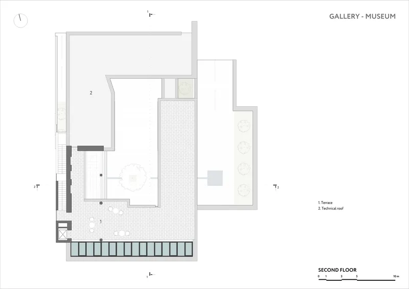 Second floor plan showing terrace and technical roof with open gallery volume below