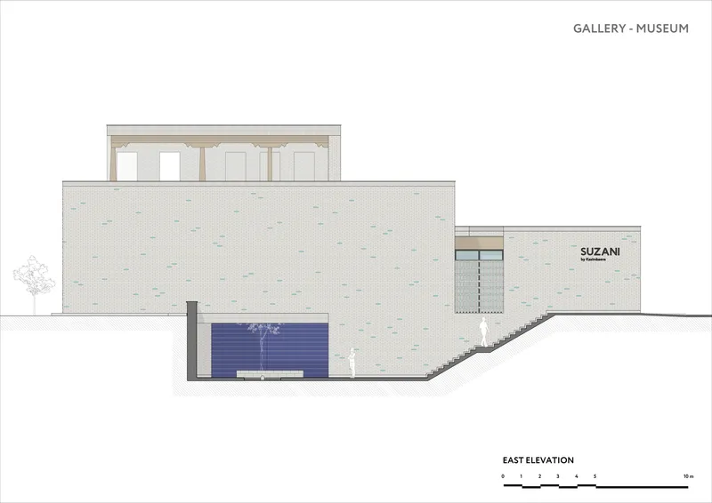 East elevation showing textured brick facade, blue entrance wall and stepped foundation