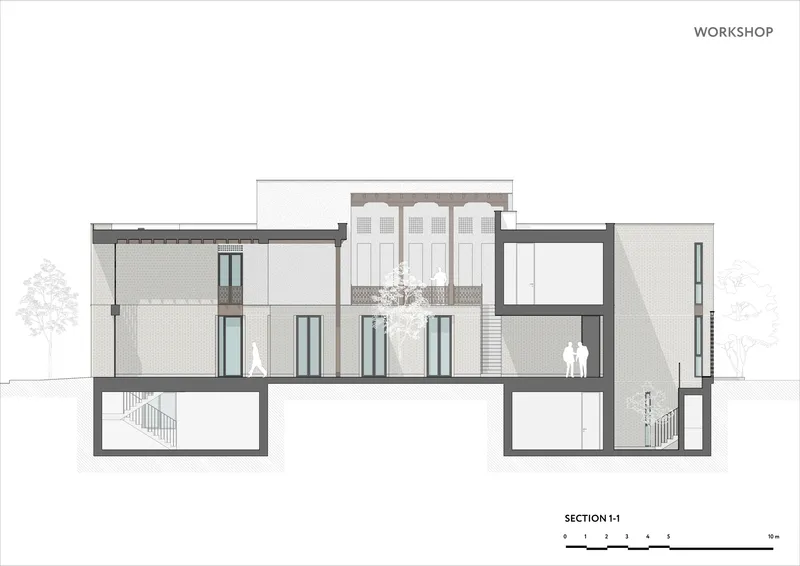 Section drawing showing three-story interior volumes with central courtyard tree and basement stairs