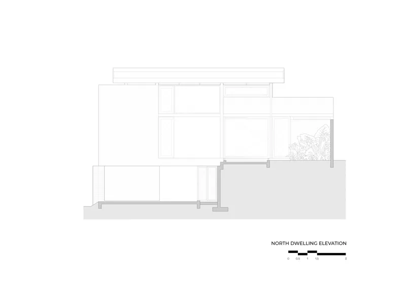 North dwelling elevation drawing illustrating the glazed upper level and lower podium with planted courtyard