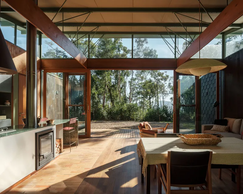 Interior view through timber frame to a wooden deck and forest beyond with afternoon sunlight filtering through