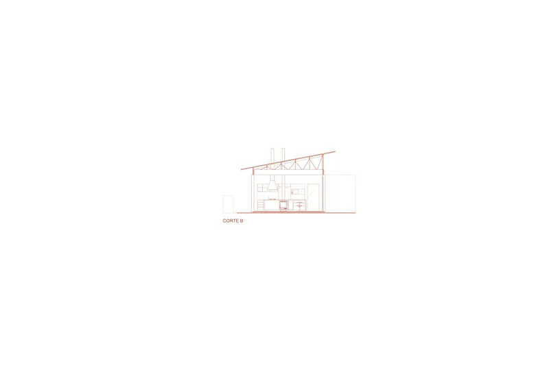 Section drawing showing interior spaces with exposed truss roof structure and vertical chimneys