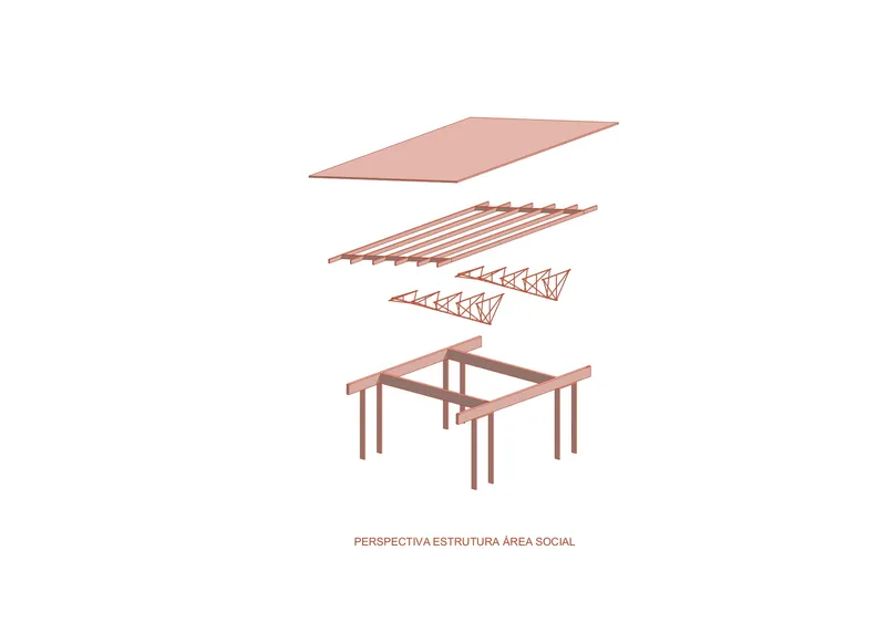 Exploded axonometric drawing showing roof plane, beam structure, triangulated trusses, and column foundation