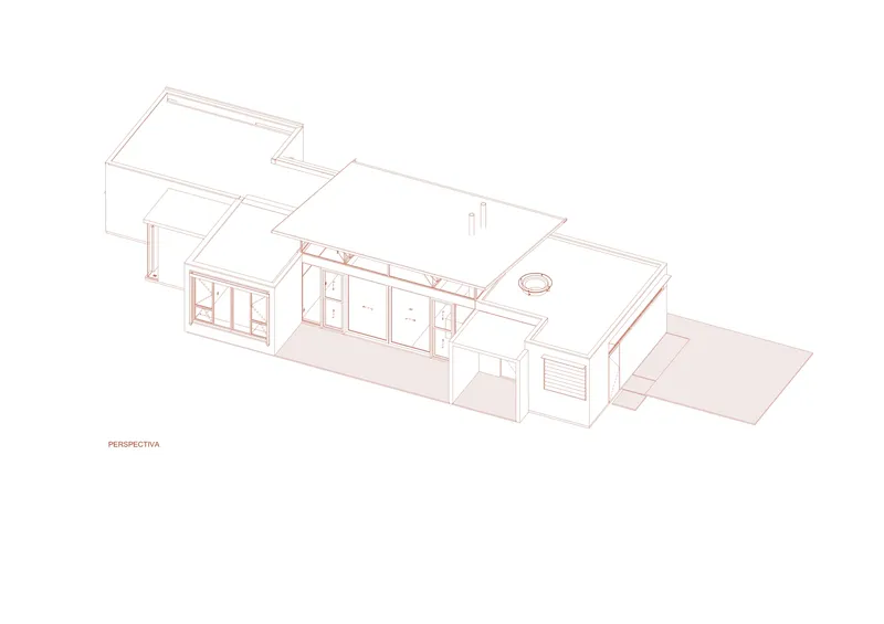Perspective drawing showing elongated single-story volume with glazed openings and flat roof with patio
