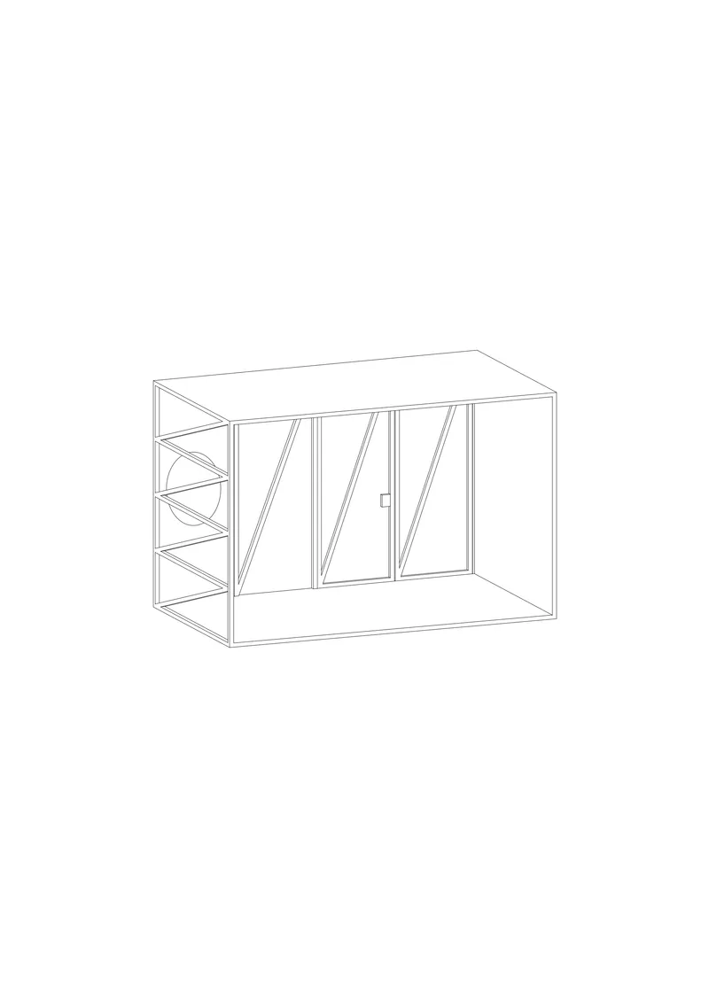 Axonometric drawing of a rectangular volume with diagonal bracing on sliding panels and lateral shelving