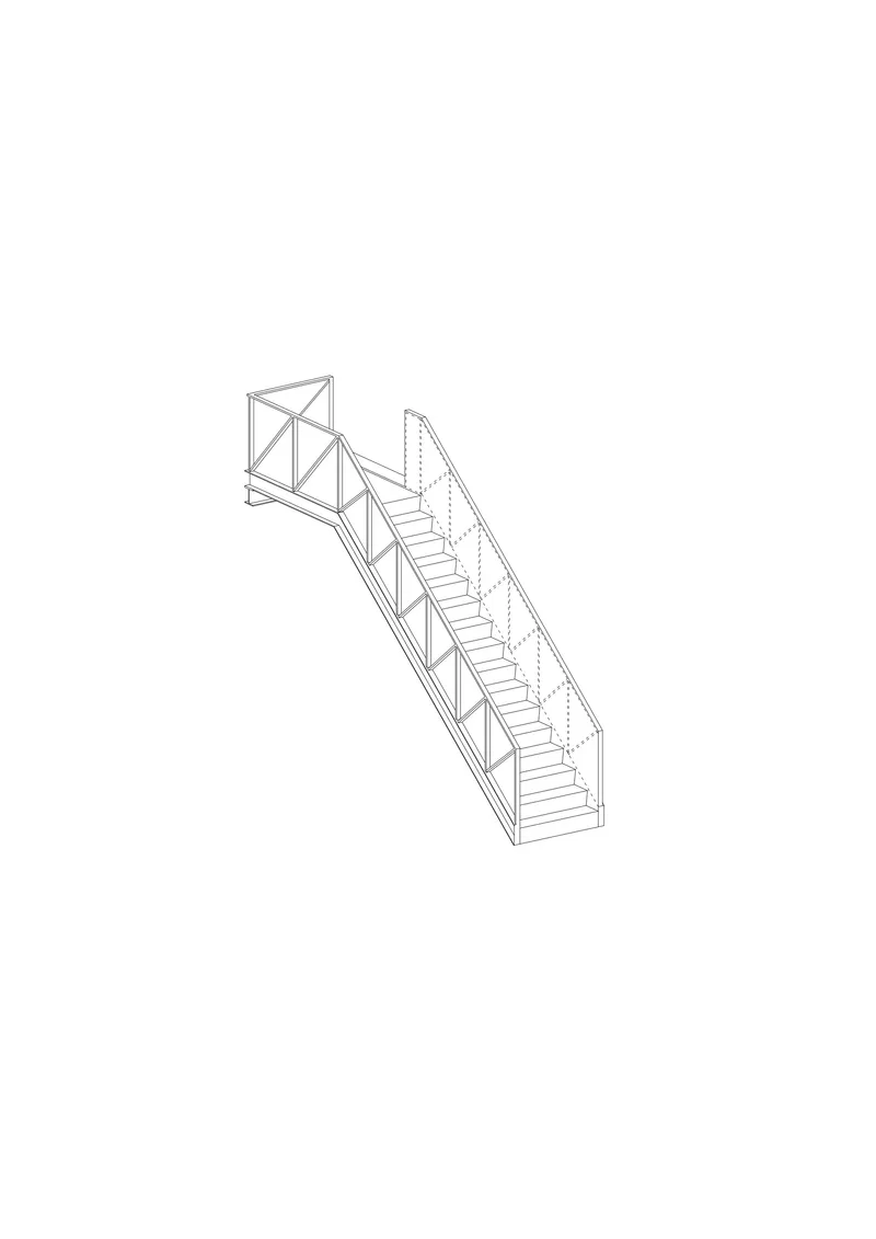 Isometric drawing of an ascending staircase with railings and structural cross-bracing on the landing frame