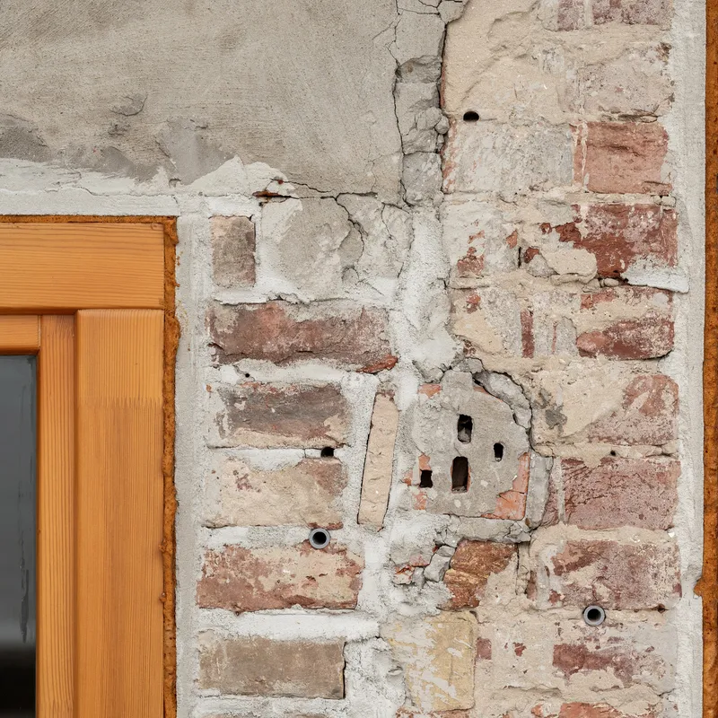 Detail of cracked plaster and exposed brick wall showing old electrical switch plate and conduit holes