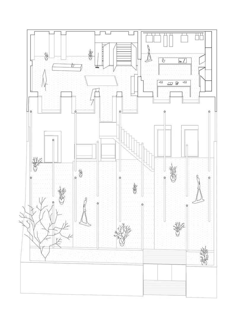 Floor plan drawing with central staircase connecting interior spaces and an exterior courtyard with plantings