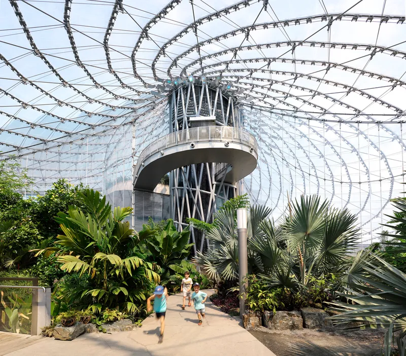 Interior view of the central structural tower beneath the cable roof with tropical palms and children running