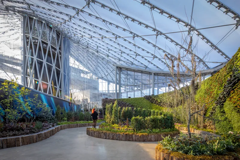 Interior pathway with timber-edged raised planters beneath the diagrid steel and glass roof structure at dusk